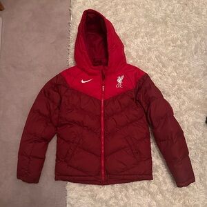 Nike Kids Red Hooded Puffer Jacket with Liverpool FC Crest